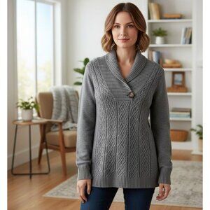 Gray Cable Knit Shawl Collar Sweater W/ Button Detail By Cullen  100% Cotton  Wo